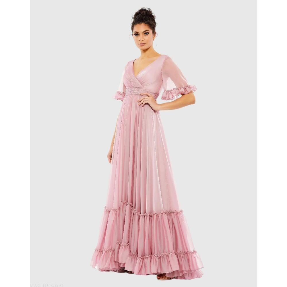 Mac Duggal 70243 Butterfly Dress Ruffle Trim Wrap Gown Rose Pink NWT 4